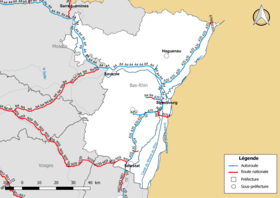 Harta rețelei de drumuri naționale (autostrăzi și drumuri naționale) din departamentul Bas-Rhin