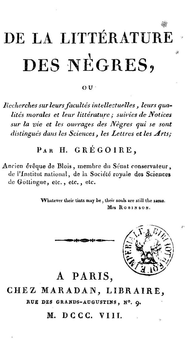 Title page of Grégoire's 1808 book on Negro literature