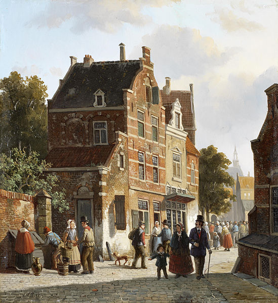 File:Adrianus Eversen Figures in a busy street 1853.jpg