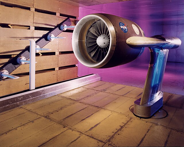Aircraft engine being tested in a wind tunnel