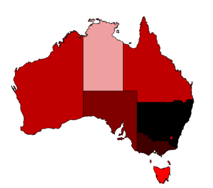 Concentration of ministers, assistant ministers and special envoys by state. Albanese ministry by concentration of ministers state.png