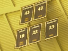 Terry Dischinger, Dave Schellhase, Rick Mount, Joe Barry Carroll, and Glenn Robinson (On November 29, 2011, Mackey displayed three additional banners for Troy Lewis, E'Twaun Moore, and JaJuan Johnson) AllAmericans1.jpg