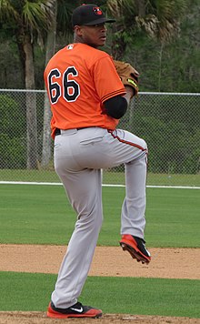 Miranda pitching for the Baltimore Orioles in 2016 spring training