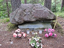 August Sabbe's death place monument, near the Vohandu river in, Paidra, Estonia, 2008. Estonian inscription: Here on 28 September 1978, drowned the last Estonian soldier of the Forest Brothers, August Sabbe August Sabbe memorial monument.JPG