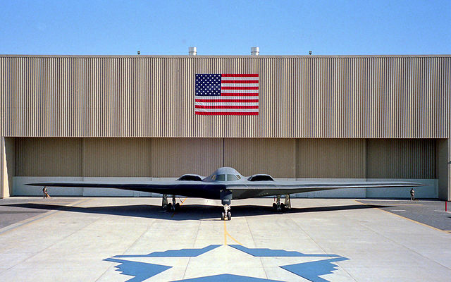 The B-2's first public display in 1988 at Palmdale, California: in front of the B-2 is a star shape formed with five B-2 silhouettes