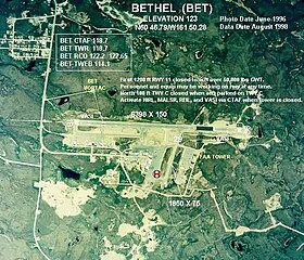 Vue aérienne de l'aéroport de Bethel, avec annotations.