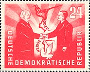 1951 East German stamp commemorative of the Treaty of Zgorzelec featuring the presidents Wilhelm Pieck (GDR) and Bolesław Bierut (Poland)