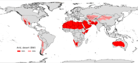 Localización de los climas áridos del mundo. En rojo oscuro áridos cálidos, en rojo claro áridos fríos.