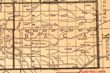 Baca County, Colorado, in 1921, showing the locations of Deora and Maxey in the northwestern part of the county Baca County Colorado 1921 Rand McNally.png