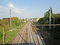 Bahnhof Bad Belzig, Blick von Brücke zum Flämingweg zum Bahnhof