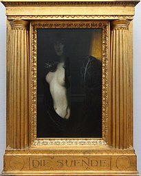 Neoclassical Doric columns on the frame of Die Sünde, unknown carpenter, painted by Franz Stuck, 1893, gilt wood and oil on canvas
