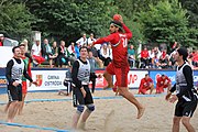 Deutsch: Beachhandball Europameisterschaften 2019 (Beach handball Euro); Tag 3: 4. Juli 2019 – Männer, Hauptrunde Gruppe II, Ungarn-Schweiz 2:0 (26:24, 27:24) English: Beach handball Euro; Day 3: 4 July 2019 – Men Main Round Group II – Hungary-Switzerland 2:0 (26:24, 27:24)