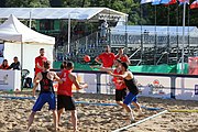 Deutsch: Beachhandball Europameisterschaften 2019 (Beach handball Euro); Tag 1: 2. Juli 2019 – Männer, Vorrunde Gruppe D, Frankreich-Montenegro 2:0 (19:7, 18:9) English: Beach handball Euro; Day 1: 2 July 2019 – Men Preliminary Round Group D – France-Montenegro 2:0 (19:7, 18:9)