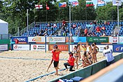 Deutsch: Beachhandball Europameisterschaften 2019 (Beach handball Euro); Tag 2: 3. Juli 2019 – Frauen, Vorrunde Gruppe C, Spanien-Griechenland 2:1 (12:20, 18:16; 8:2) English: Beach handball Euro; Day 2: 3 July 2019 – Women Preliminary Round Group C – Spain-Greece 2:1 (12:20, 18:16; 8:2)