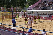 Deutsch: Beachhandball bei den Olympischen Jugendspielen 2018; Tag 4, 10. Oktober 2018; Jungs, Vorrunde, Gruppe A - Spanien-Venezuela 2:0 English: Beach handball at the 2018 Summer Youth Olympics at 10 October 2018 – Boys Preliminary Round Group A – Spain-Venezuela 2:0