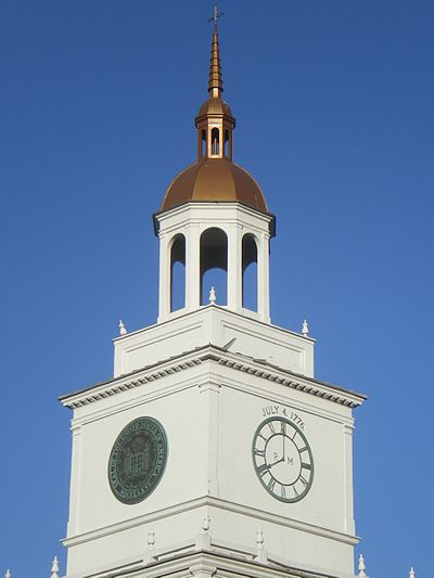 The tower clock is permanently set at the time the Declaration of Independence was signed. Bell Tower at Bellarmine-Jefferson High School (Burbank, Calif).JPG