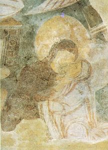 Benevento, chiesa di santa sofia, visitazione (particolare) affresco fine VIII inizio IX secolo.jpg