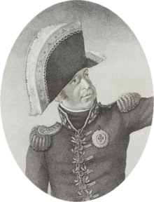 Black and white print shows a heavy-jowled man wearing a dark military uniform and a large bicorne hat.