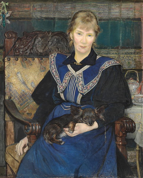 File:Bertha Wegmann - Kvinde i blå kjole med en lille hund i skødet.png