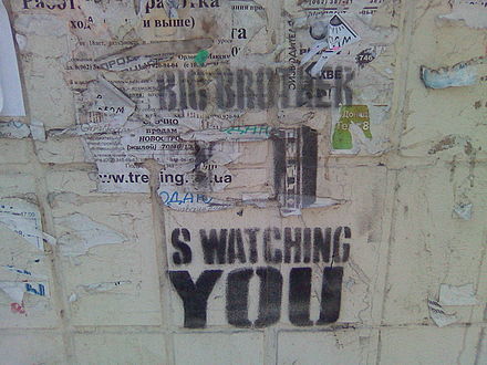 "Big Brother is watching you" painted onto the wall of an industrial building in Donetsk, Ukraine