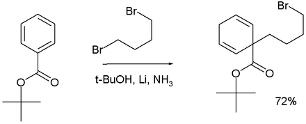 Adding 1,4-dibromobutane to a Birch reduction of tert-butyl benzoate forms the 1,1-cyclohexadiene product. BirchAlkylation.png