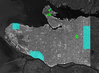 Satellite image with blue and green areas, respectively, covering the areas of flowing and still water described in this article, including affected watersheds and wetlands. Bodies of water in Vancouver.jpg