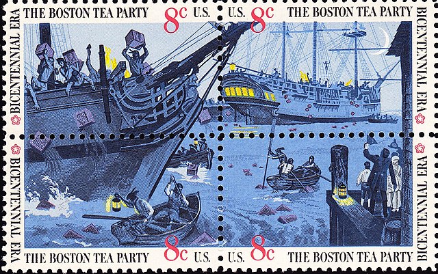 Ensemble de quatre timbres se-tenants formant une image complète commémorant la Boston Tea Party.