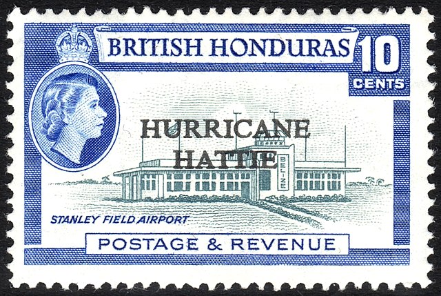 A British Honduras postage stamp overprinted in 1962 to mark Hurricane Hattie