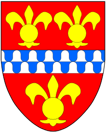 Arms of Cantilupe of Greasley Castle, Nottinghamshire: Gules, a fess vair between three fleurs-de-lys or (this image as visible on the 1355 Cantilupe Chantry, Lincoln Cathedral), often stated to be three leopard's faces jessant-de-lys; the fess being a difference of the arms of the senior line, feudal barons of Eaton Bray CantilupeArms CantilupeChantryHouse 1355 LincolnCathedral.svg