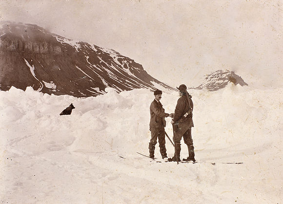 Staged photo of the Nansen–Jackson meeting near Cape Flora, 17 June 1896