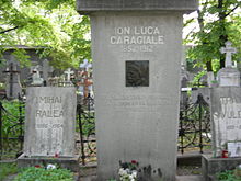Caragiale's grave in the Bellu cemetery (flanked by those of Mihai Ralea and Traian Savulescu) Caragiale grave.jpg