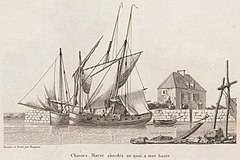Deux chasse-marée à quai à mer haute, au début du XIXe siècle.