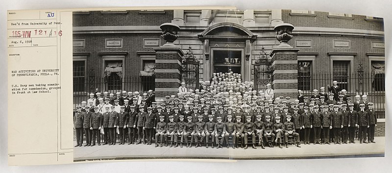 File:College and Universities - University of Pennsylvania - WAR ACTIVITIES AT UNIVERSITY OF PENNSYLVANIA, PHILA., PA. U.S. Navy men taking examination for commission, grouped in front of Law School. - NARA - 55249679.jpg