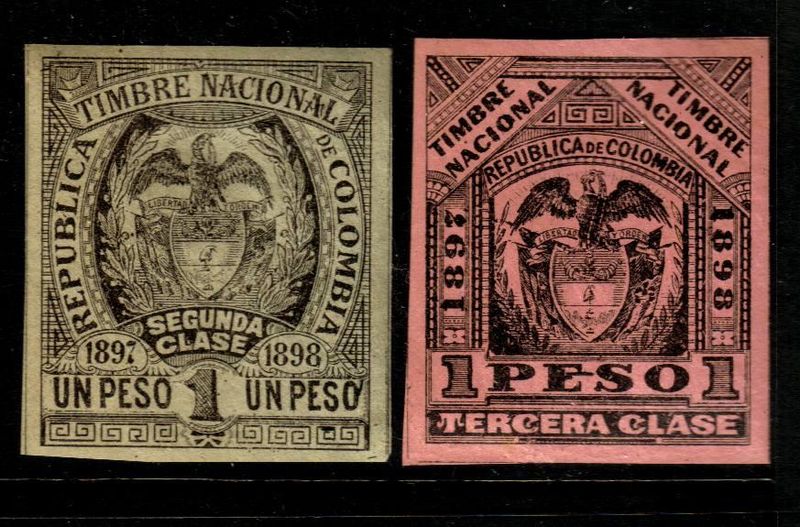 File:Colombia 1897-1898 1 Peso revenue stamps (Segunda and Tercera clase).jpg