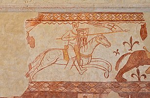 Peinture murale (fin XIIe siècle) à l'intérieur de la commanderie de Cressac, dans l'Angoumois. Elle représente un croisé chargeant des Sarrasins à la bataille de la Bocquée (1163). (définition réelle 4 912 × 3 224)
