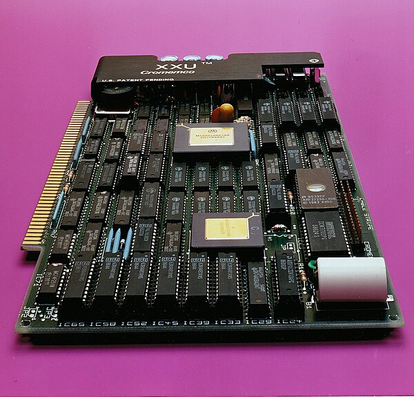 The Cromemco XXU processor board, introduced in 1986. At 16.7 MHz, it is the fastest CPU ever developed for the S-100 bus. It uses a Motorola 68020 pr