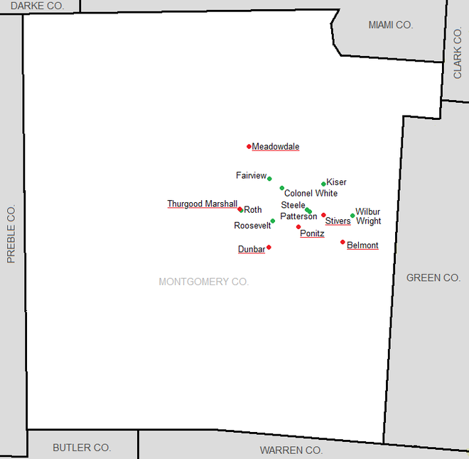 The all-time members of the Dayton City League. Current members are in red, former members are in green. Dayton City League map.png