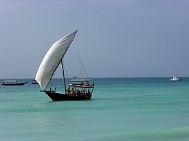 A small dhow now used for beach-promenade. Monfreid wrote that he was glad once to have Muslim ladies en route for the hajj crouching on his deck, on the Red Sea between Obock and Jeddah: the officers of the Aden Royal Navy cutter did not dare to offend against haram, and gave up stopping and examining his boat, which was loaded with contraband.