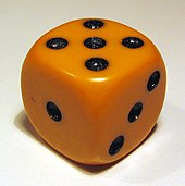 A six-sided die has probability 1/6 of landing on each side Dice 2005.jpg