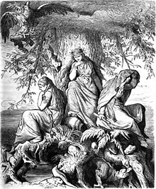 The norns Urdr, Verdandi, and Skuld beneath the world tree Yggdrasil (1882) by Ludwig Burger. Die Nornen Urd, Werdanda, Skuld, unter der Welteiche Yggdrasil by Ludwig Burger.jpg