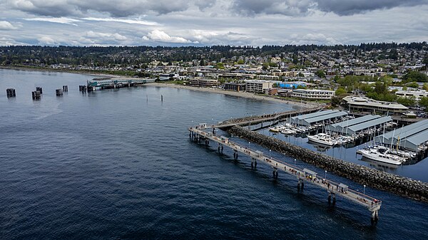 Aerial view of downtown Edmonds near the Washington State Ferries terminal