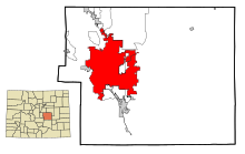 El Paso County Colorado Obszary zarejestrowane i nieposiadające osobowości prawnej Colorado Springs Highlighted.svg