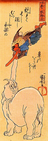 Elephant and a flying tengu,
Ukiyo-e print by Utagawa Kuniyoshi Elephant and a flying tengu.jpg