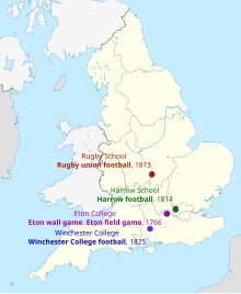 English public school football codes, with the schools that started them, and first confirmed dates English public school football codes.svg