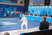 Deutsch: Fechten bei den Olympischen Jugend-Sommerspielen 2018: Tag 1, 7. Oktober 2018, Jungen, Säbel, Viertelfinale - Hibiki Kato (JPN) - Hyun Jun (KOR) 12:15 English: Fencing at the 2018 Summer Youth Olympics at 7 October 2018 – Boys' sabre Quarterfinals – Hibiki Kato (JPN) Vs Hyun Jun (KOR) 12:15