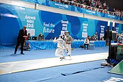 Deutsch: Fechten bei den Olympischen Jugend-Sommerspielen 2018: Tag 1, 7. Oktober 2018, Jungen, Säbel, Runde der letzten 16 - Ali Al-Bahrani (KSA) Vs Antonio Heathcock (GER) 9:15 English: Fencing at the 2018 Summer Youth Olympics at 7 October 2018 – Boys' sabre Round of 16 – Ali Al-Bahrani (KSA) Vs Antonio Heathcock (GER) 9:15