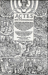 Une photographie de l'estampe en bois du Livre des Martyrs.  Le titre du livre est au centre et diverses scènes du livre sont représentées autour.