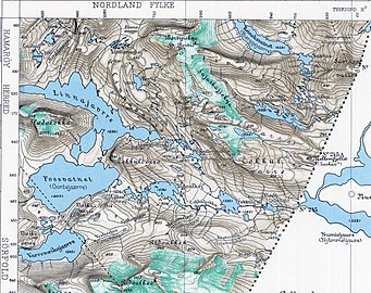 Karta från 1908 som visar att Gårttjejávrre (Forsvatnet) och Linnajávrre var 2 separata sjöar före regleringen.