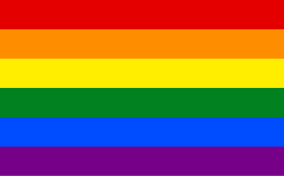 Шестицветный флаг: красный, оранжевый, желтый, зеленый, синий и фиолетовый.