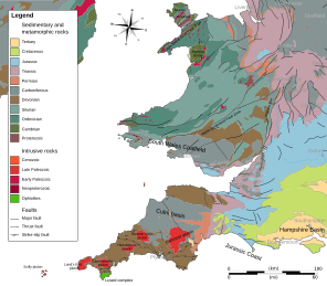 Geological map of Wales. Silurian rock is shown in pale green, Ordovician rock in darker green, carboniferous in grey. Other rock formations are also included in the table on the left of the image. Geologic map Wales & SW England EN.svg